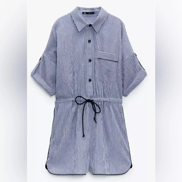 Zara Blue/White Striped Seersucker Button down playsuit Romper drawstrings Sz S - Picture 4 of 12